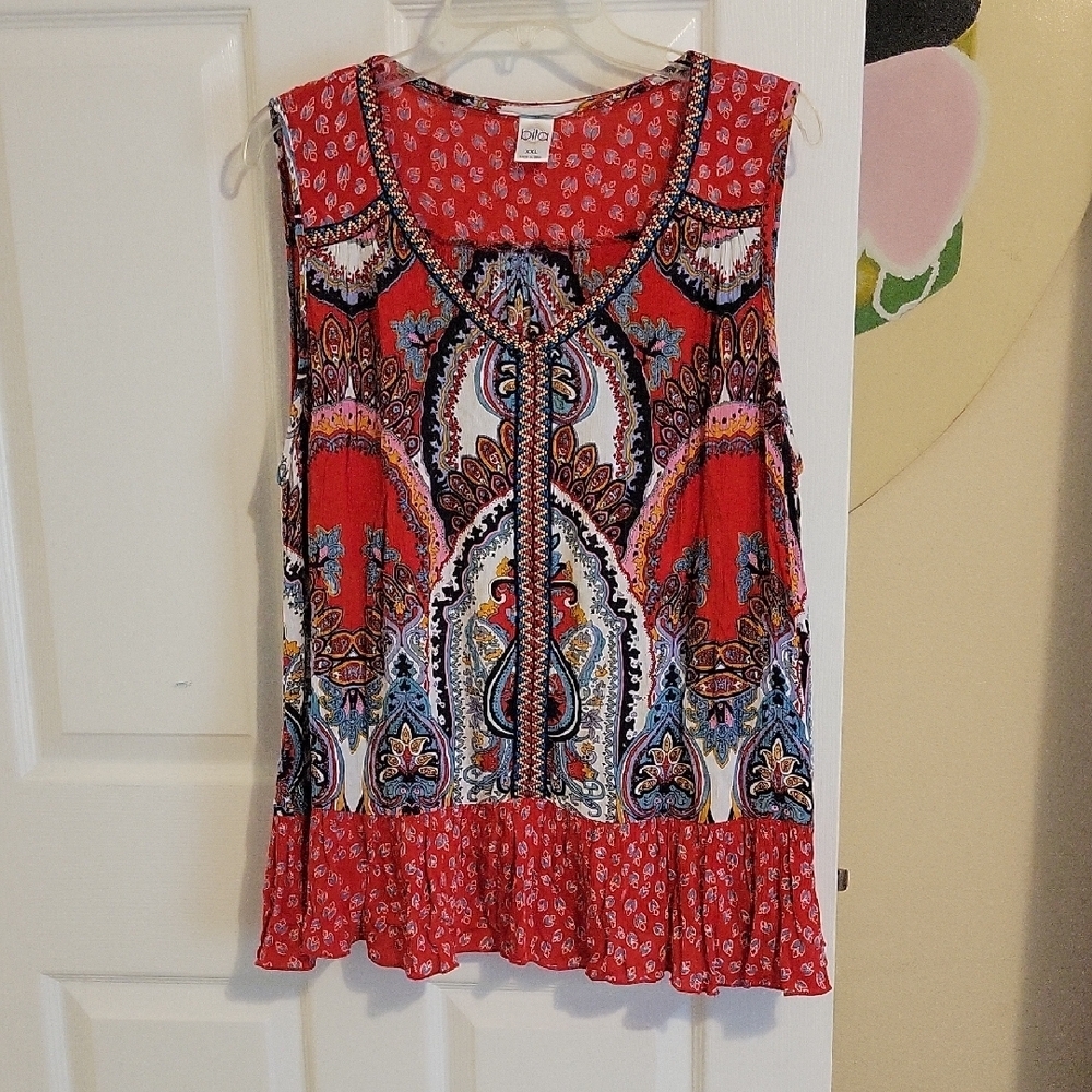 Bila SzXXL Boho Red and Blue Paisley Embroidered Sleeveless Top